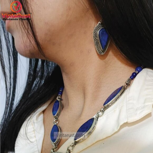 Blue Lapis Lazuli Jewelry Set, Pendant Necklace With Earrings - Picture 3 of 7